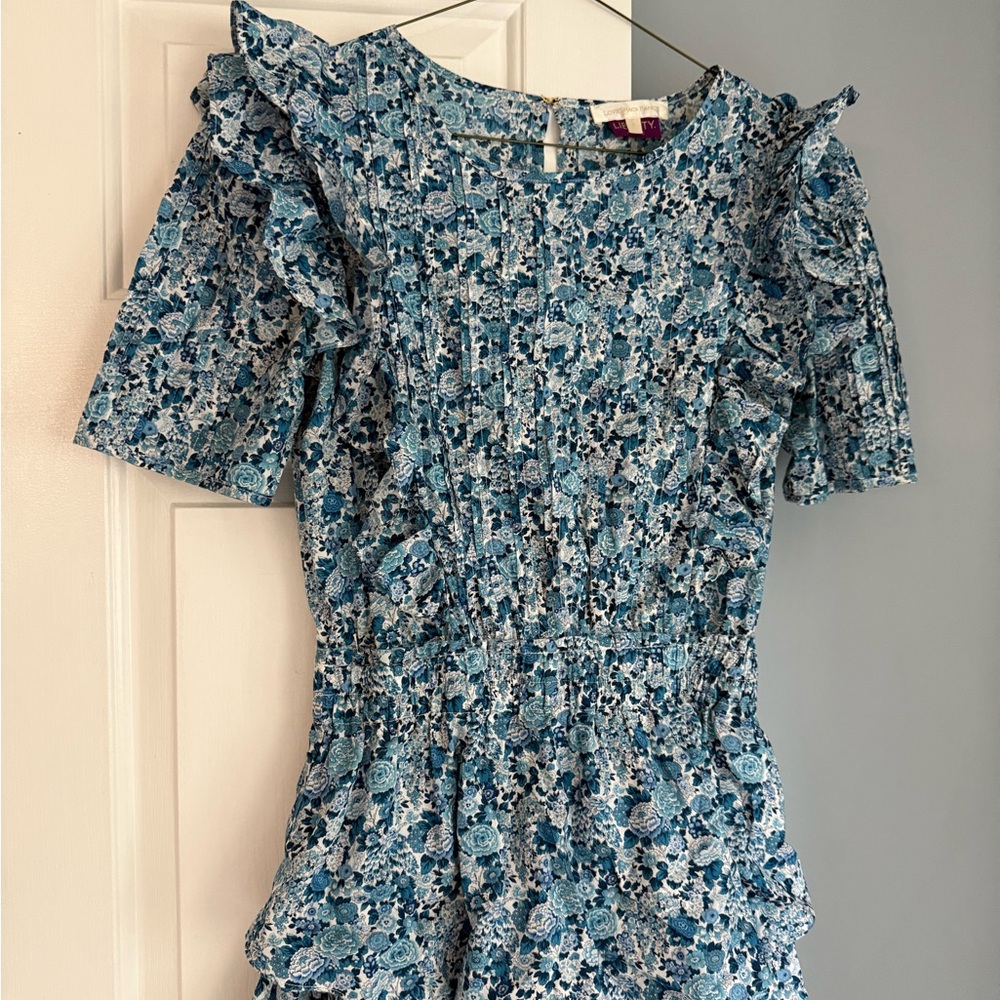 LoveShackFancyxLibertyLondon Blue Floral Ruffle Mini Dress